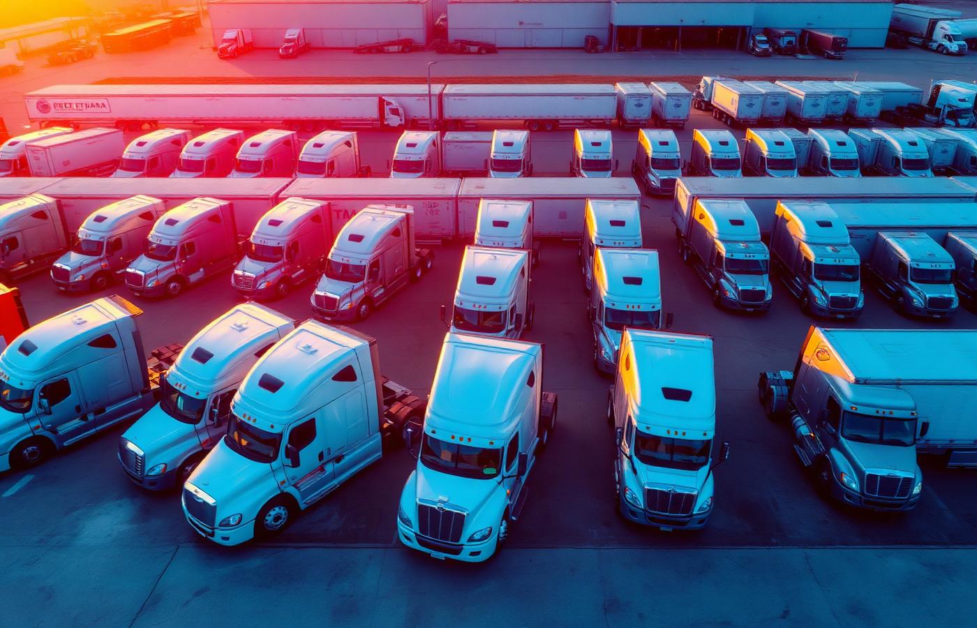Fleet of semi trucks parked at a terminal at sunrise